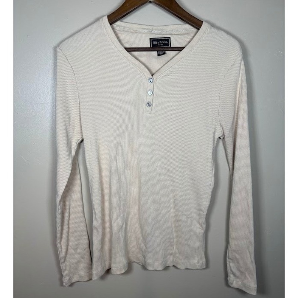 Bit & Bridle Cream Ribbed Henley Top Womens Large Long Sleeve Button Neck Base